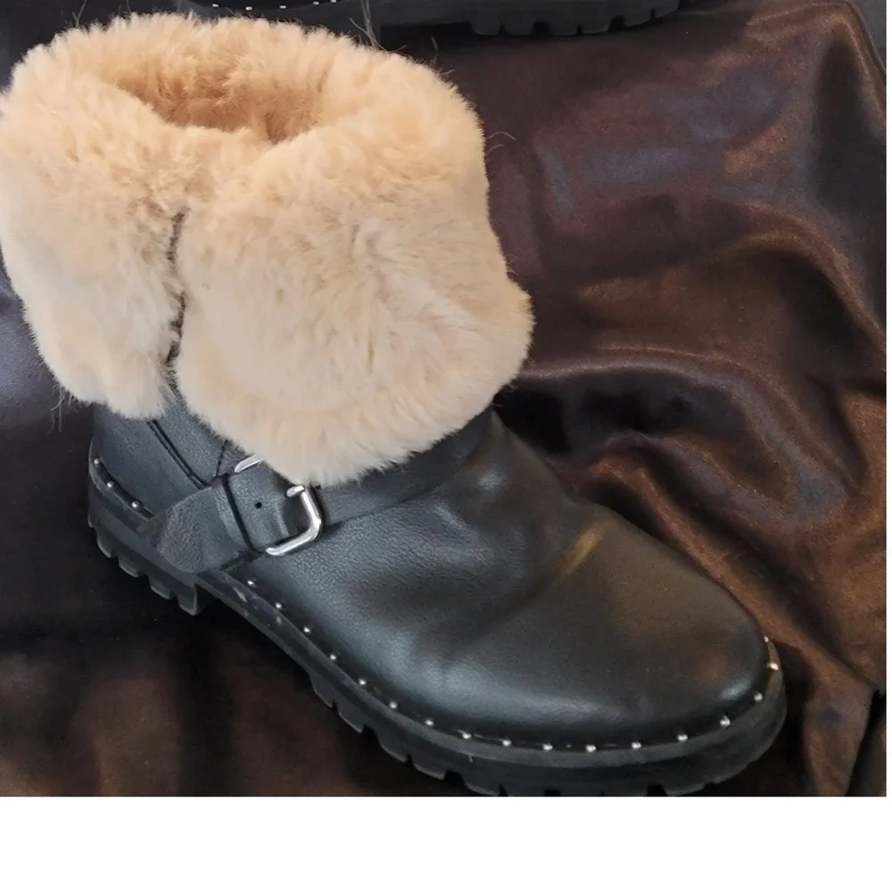 Zara Kids Black‎ Faux Leather Faux Fur Trim Buckle Combat Boots Size 35